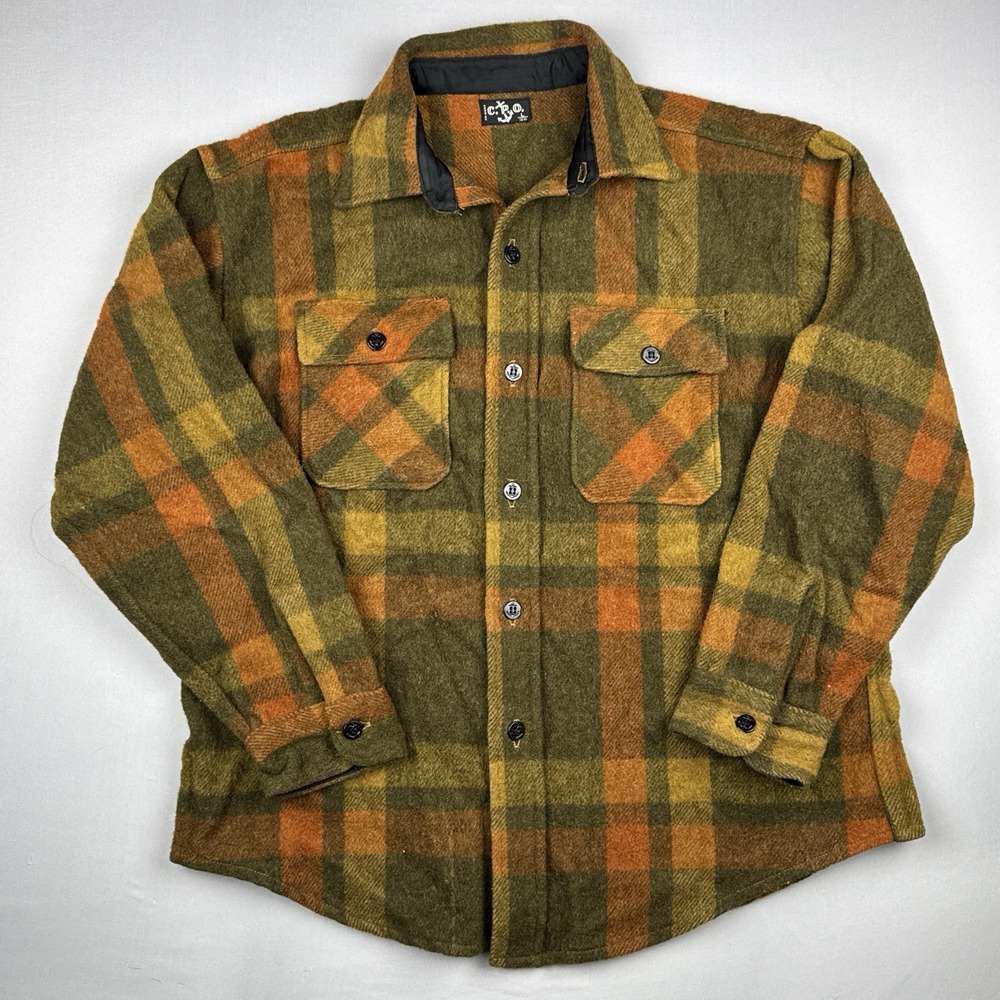 Vintage 60s CPO Heavy Wool Plaid Shirt Jacket Mens L Green Orange